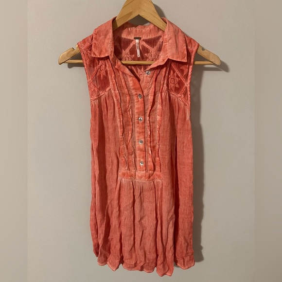 Free People Gauze Acid Wash Tie Dye Tunic Top Coral Boho Size XS Lace Collared - Picture 1 of 7